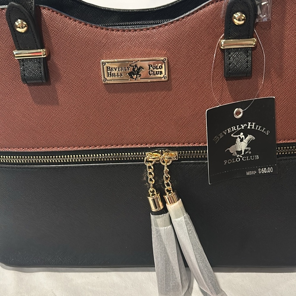 Beverly Hills Polo Club Shoulder bag Brown Black Faux Zip Front with Tassels New - Picture 8 of 8